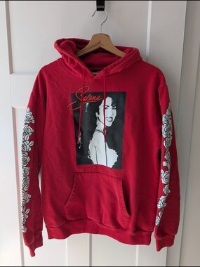 Official Selena Merch -Red Graphic Hoodie with Rose Sleeve Prints